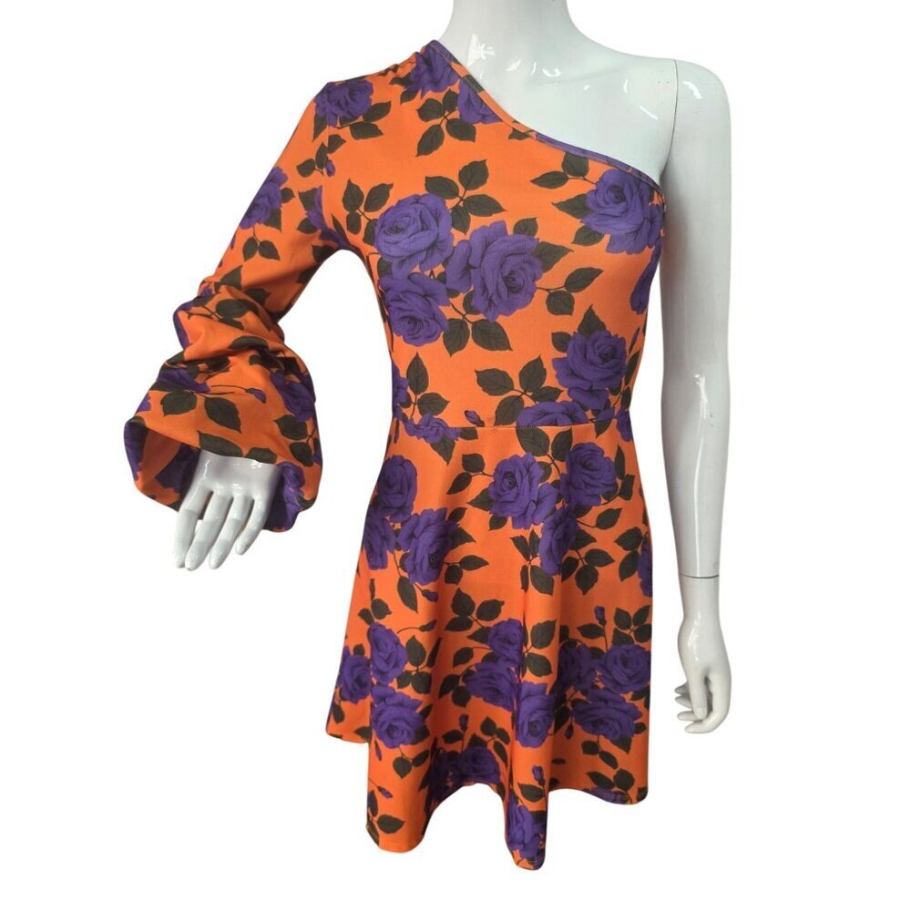 ASOS One Shoulder Bell Sleeve Dress 4 Orange Purple Rose Floral Fit & Flare NEW